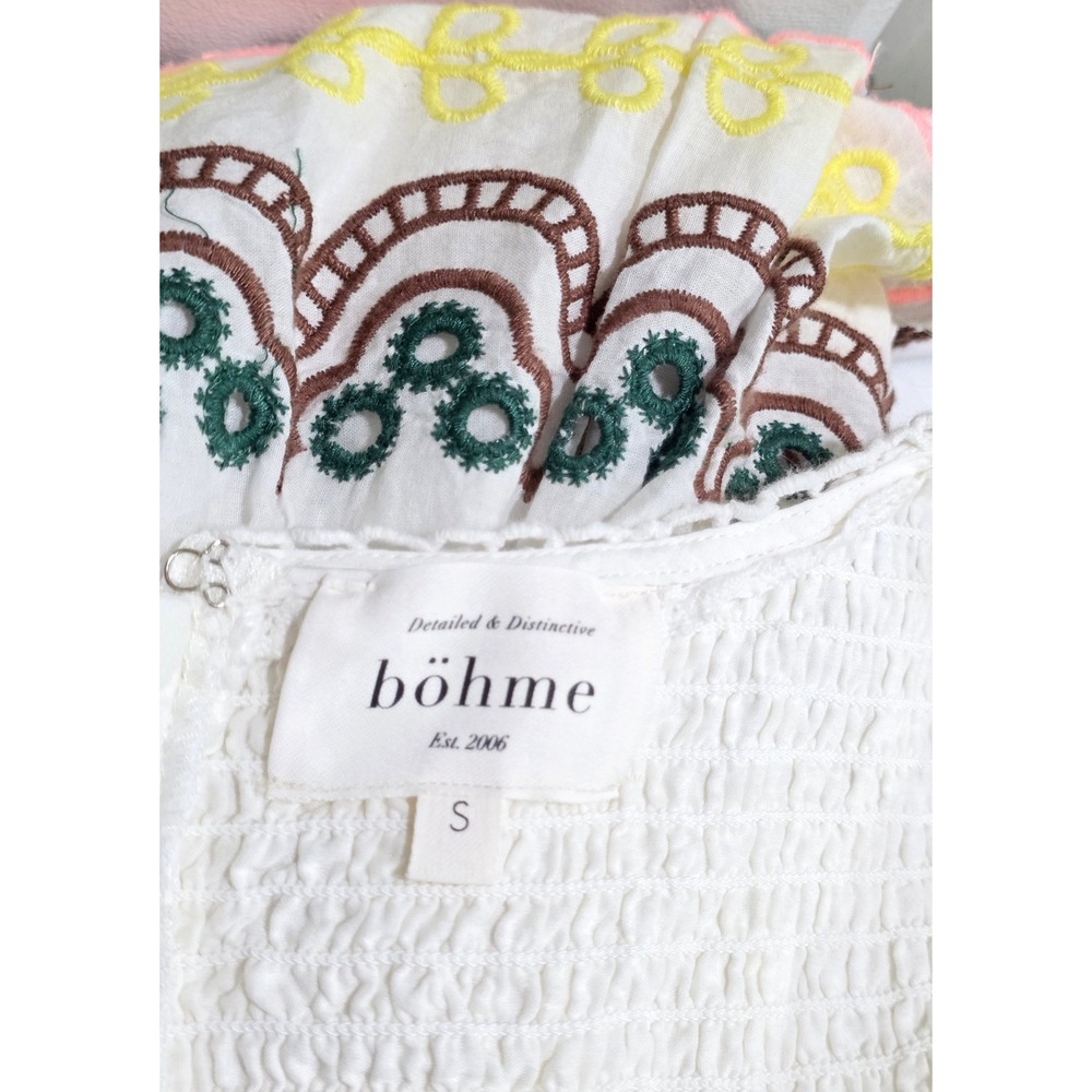 Bohme Embroidered Midi Dress Women S White Eyelet Puff Sleeve Smocked - Picture 15 of 16